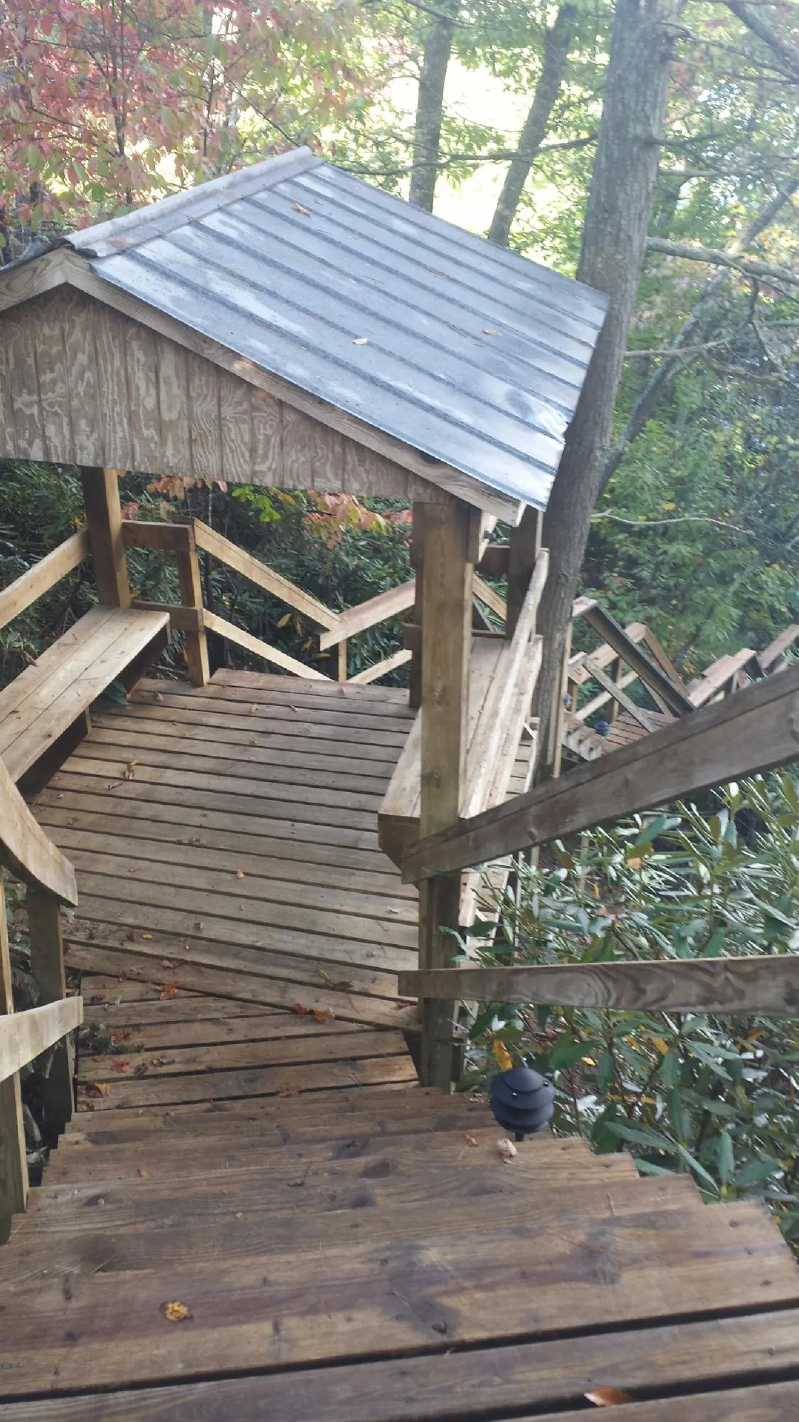 Metal roofed shelter over wooden steps on a wooded walkway — Skylight Repair & Installation work by our crew in Haubstadt